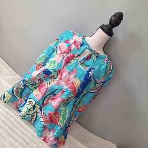 Ali Miles Baby Doll 3/4 Sleeve Blouse Petite M Tropical Coastal Bell Sleeve Arts